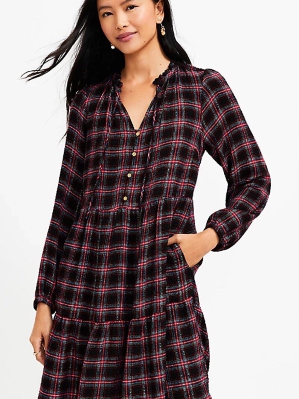 Like New Loft Shimmer Plaid Tiered Dress X Small - Perfect for holidays